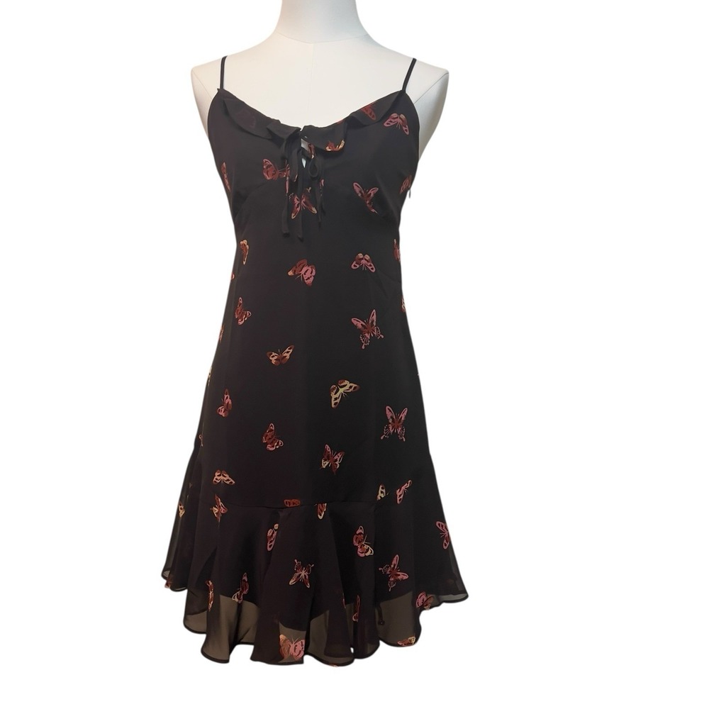 BP Brown Faded‎ Butterfly Ruffle Chiffon Mini Sundress Medium Lined Keyhole Tie